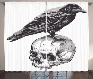 ABAKUHAUS Жутковато-деревенская штора, эфемерное изображение старого черепа, штора для спальни со сборками, петлями и крючками, 280 x 175 см, цвет: антрацитово-серый и белый Abakuhaus