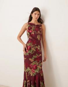 Платье макси ASOS DESIGN с воротником-хомутиком и косым кроем, бордовый цветочный выжженный принт