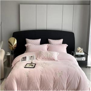 KYTGFH Комплект постельного белья бархатный фланелевый белый с цветочной вышивкой Pink