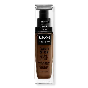 Тональная основа Can't Stop Won't Stop с матовым покрытием, обеспечивающая полное покрытие в течение 24 часов. NYX Professional Makeup, Deep Cool (deep deep w/ warm undertone)