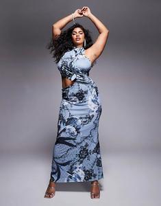 Платье макси без рукавов с высоким воротом ASOS DESIGN Curve с синим цветочным принтом