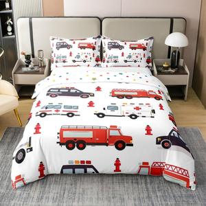 Erosebridal Комплект постельного белья из 100% хлопка с принтом пожарных машин и автомобилей для детей, Black Red White