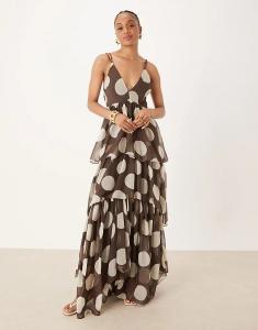 Длинное платье ASOS DESIGN с глубоким декольте, открытой спиной и принтом в коричневый горошек