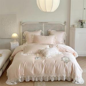 Alloaone Комплект постельного белья из шифона с кружевной вышивкой бежевый хлопок Pnnrk