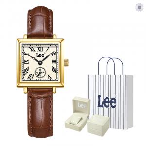 Lee Наручные часы с кварцевым механизмом, ремешком из натуральной кожи, бежевым циферблатом, женские часы, подарочная коробка, классический дизайн, праздничный подарок