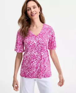 Женский трикотажный топ с V-образным вырезом и короткими рукавами JM Collection, фиолетовый