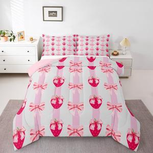 Erosebridal Комплект постельного белья Pink Bow Strawberry Queen для девочек с розовыми бантами и полосатым принтом, Pink Red White