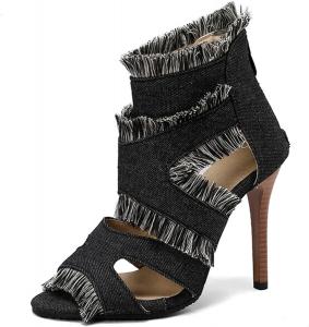 Женские сандалии-ботильоны на каблуке-стилет, Alyaafifa, джинсовые, с открытым носком, с бахромой, двухцветные, на молнии, для вечеринок, свадеб, выпускных и праздников, Black