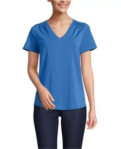 Женская легкая футболка из джерси с коротким рукавом и сборками на плечах Lands' End, синий
