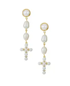 Серьги-Подвески с крестиком из пресноводного жемчуга, покрытые 18-каратным золотом Ettika, gold