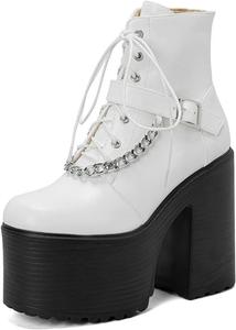 Женские ботильоны FufoneUS на платформе, с молнией и шнуровкой, высокие каблуки, мотоциклетные ботинки, White