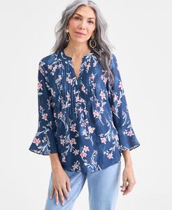 Женская блузка с принтом, складками и оборками на рукавах Style & Co, Floral Navy Blue