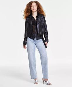 Женская байкерская куртка из искусственной кожи, прозрачная рубашка с отделкой из искусственной кожи и широкие джинсы с высокой посадкой и украшением Dkny Jeans, черный