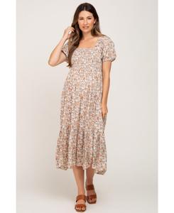 Розовое миди-платье для беременных с цветочным принтом, сборками и пышными рукавами Pinkblush, Taupe