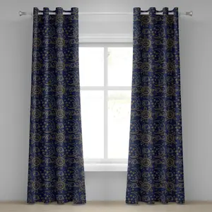 Солнцезащитная штора ABAKUHAUS с люверсами, узор в стиле каракулей со звездами, полосками и изогнутыми линиями, винтажное нарисованное небо, декоративные двухпанельные шторы, 280 см x 175 см, темно-синие бархатцы