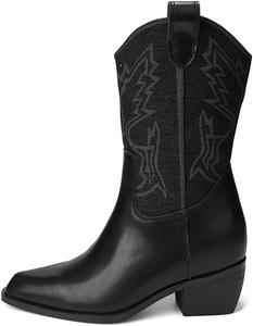 Рейвовые ковбойские ботильоны для женщин и девушек-рейверов - сексуальные с широкой голенью, с вышивкой, вестерн-стиль, с низким нескользящим каблуком, милые ретро, легкие, слипоны с заостренным носком, поддержкой свода стопы, для мотоезд. Zenrave, Black