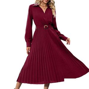 Женское платье миди с v-образным вырезом, плиссированным подолом и поясом Clearflower