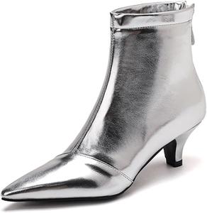 Модные ботильоны на каблуке-кошке для женщин с острым носком и молнией, офисные ботинки EU32-48 Cantianshu, 74 Silver