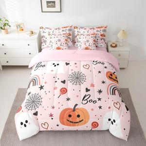 Erosebridal Комплект постельного белья Happy Halloween с мультяшными принтами тыкв, привидений и паутины в розовых тонах, Pink Orange