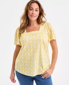Плюс сайз топ с принтом и квадратным вырезом, короткий рукав Style & Co, желтый