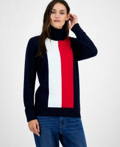 Женский хлопковый свитер с высоким воротником в вертикальную полоску Tommy Hilfiger, Sky Captain