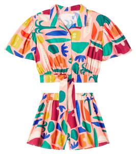 Набор из хлопковой майки-кроп и шорт с принтом Fábula, Est Morada Fundo Rosa Ajiru