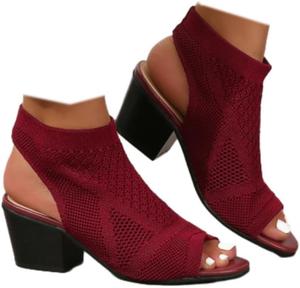 Женские вязаные сандалии на высоком толстом каблуке с открытым носком, ремешком сзади и массивным каблуком, ботильоны Generic, Wine