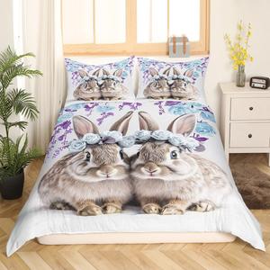 Erosebridal Комплект постельного белья Happy Easter с милыми кроликами и голубыми розами в стиле кавай, Blue Grey White