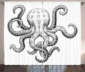 Штора ABAKUHAUS Осьминог в деревенском стиле, с изображением морских животных, универсальные ленточные шторы для гостиной с петлями и крючками, 280 x 175 см, черно-белая Abakuhaus
