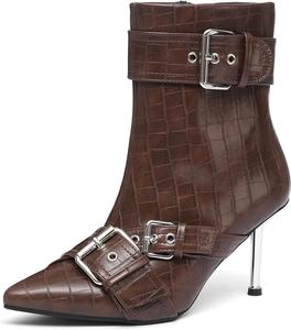 Женские ботильоны NEWBELLA из искусственной кожи - модные короткие ботинки на шпильке с металлической пряжкой, стильные ботильоны для вечеринок и ночных выходов, Brown