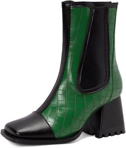 Женские ботильоны с квадратным носком, массивным каблуком и высокой пяткой, на щиколотку, с задней молнией, двухцветные, зимние, нарядные, короткие JOEUSTY, Green Black-Velvet Lined