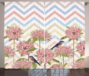 Штора ABAKUHAUS в деревенском стиле с цветочным рисунком, зигзагообразные цветы и птицы, универсальная ленточная штора для гостиной с петлями и крючками, 280 x 225 см, разноцветная