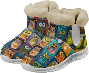 Женские зимние ботинки на щиколотку chaqlin Owl с противоскользящей подошвой, утепленные фланелевой подкладкой и мехом, с плоским каблуком, легкие, удобные, для холодной погоды, повседневные и рабочие, Cute Owl Grid Splicing