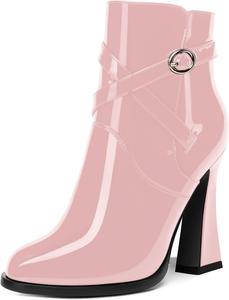Женские блестящие модные ботильоны с ремешком на щиколотке, лакированные, с круглым носком, на устойчивом высоком каблуке 4 дюйма MOVINSTEPS, Pink