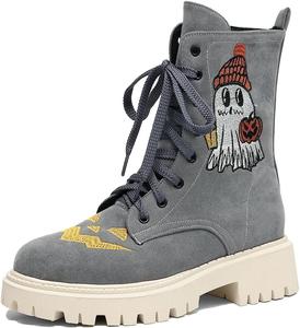 Женские повседневные ботильоны на низком каблуке с круглым носком, шнуровкой и молнией, с вышивкой, праздничные короткие ботинки на Хэллоуин JOEUSTY, Grey