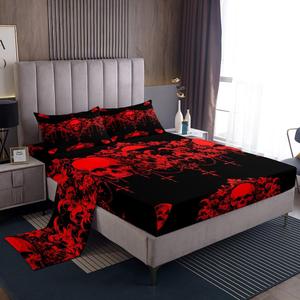 Erosebridal Готический комплект постельного белья Goth Sugar Skull с черно-красным дамасским узором в викторианском стиле, Black,red