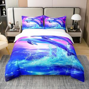 Erosebridal Комплект постельного белья Dolphin из 100% хлопка с 3D принтом морских животных, Purple Blue