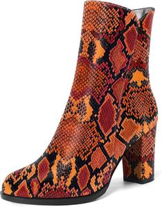 Женские офисные ботильоны NUMALEO с круглым носком, на молнии, лаковые, с высоким блочным каблуком 3,3 дюйма, Red Orange Snake