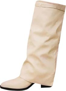 Женские свободные сапоги до колена с низким каблуком, круглым носком, повседневные, на молнии, байкерские, с отворотом, на массивной подошве Generic, Beige