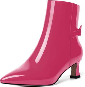 Женские ботильоны MOVINSTEPS с молнией, с бантом из лакированной кожи, с заостренным носком, для вечеринок, модные, с низким каблуком-ступицей, высотой до щиколотки, каблук 2 дюйма, Magenta