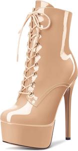 Женские ботильоны Aachcol с короткой платформой, высокие каблуки-стилетто, круглым носком, на шнуровке, из лакированной кожи, каблук 6,5 дюйма, Beige