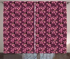Шторы ABAKUHAUS Cherry Blossom Rustic Curtain, April in Asia, универсальные ленточные шторы для гостиной с петлями и крючками, 280 x 245 см, цвет: зеленый, розовый, сливовый Abakuhaus