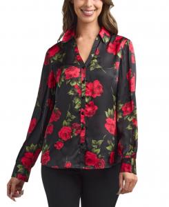 Женская рубашка с цветочным принтом, длинными рукавами и воротником BCX, Pat Black