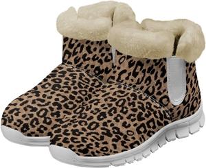 Gekhuqory Женские зимние снегоходные сапоги с принтом коровы и леопарда, теплые, с нескользящей подошвой, короткие ботильоны с меховой отделкой, удобные плюшевые сапоги с меховой подкладкой для путешествий и походов