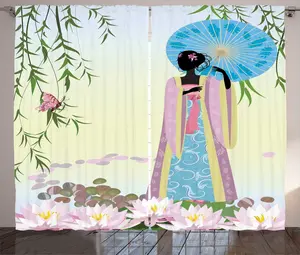 Штора ABAKUHAUS Девушка-зонтик в деревенском стиле, китайская традиция, универсальная, для гостиной, с петлями и крючками, 280 x 225 см, насыщенный небесно-голубой, многоцветный Abakuhaus