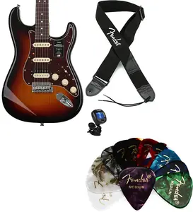 Fender American Professional II Stratocaster HSS - 3-цветный Sunburst с грифом из розового дерева, комплект с ремнем Fender 2" из полиэстера с логотипом - черный с белым логотипом... (4 предмета)