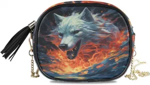 Женская сумка-кроссбоди ALAZA Fire Water Wolf из искусственной кожи с кисточкой.