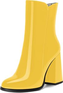 Женские ботильоны WAYDERNS на высоком каблуке 4 дюйма с круглым носком, молнией, однотонным дизайном, лаковой отделкой и модным стилем для свиданий, Yellow