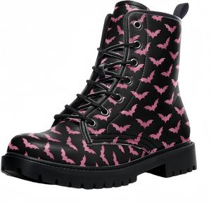 Женские короткие ботинки с принтом, шнуровкой и массивным каблуком, боевые ботильоны на осень и зиму для девушек, с узором в виде роз, черепов, бабочек и мультяшных цветков Maimeili, Bat Black