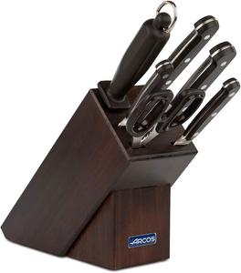 Arcos Clasica, набор кухонных ножей 6 предметов (4 ножа + кухонные ножницы + мусат), ножи из кованой нержавеющей стали NITRUM, рукоятка из полиоксиметилена (POM), деревянная подставка коричневого цвета